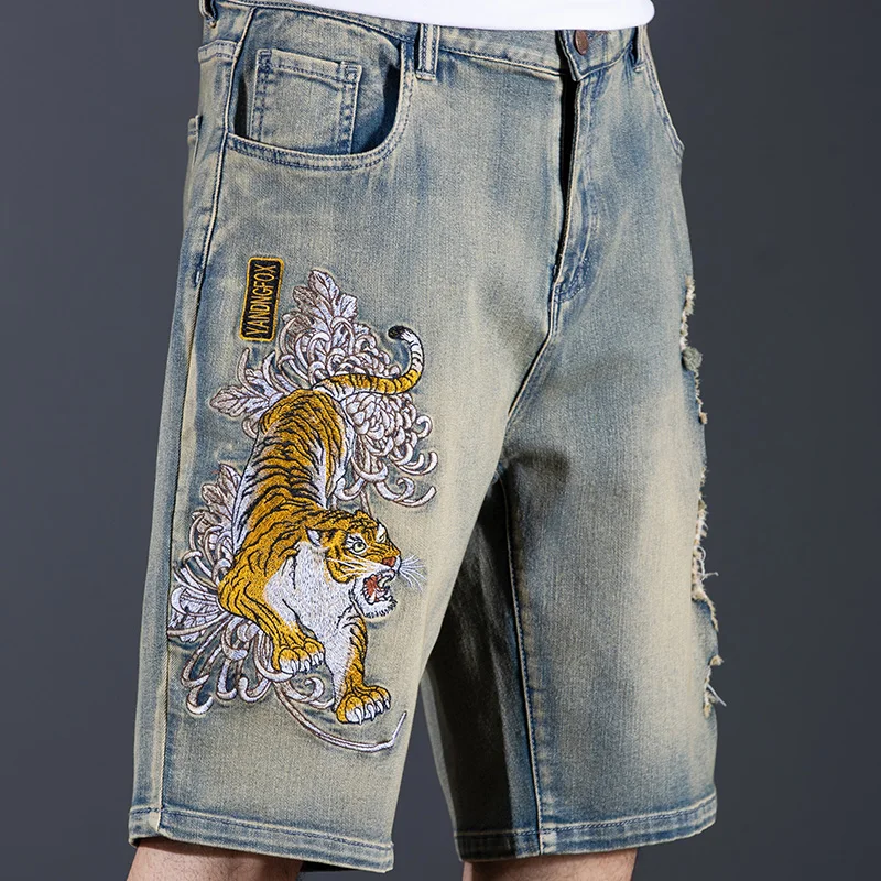 Chinese Style Tiger Embroidered Denim Shorts Men's Loose Hole plus Size Trend Casual Retro Distressed Cropped Pants