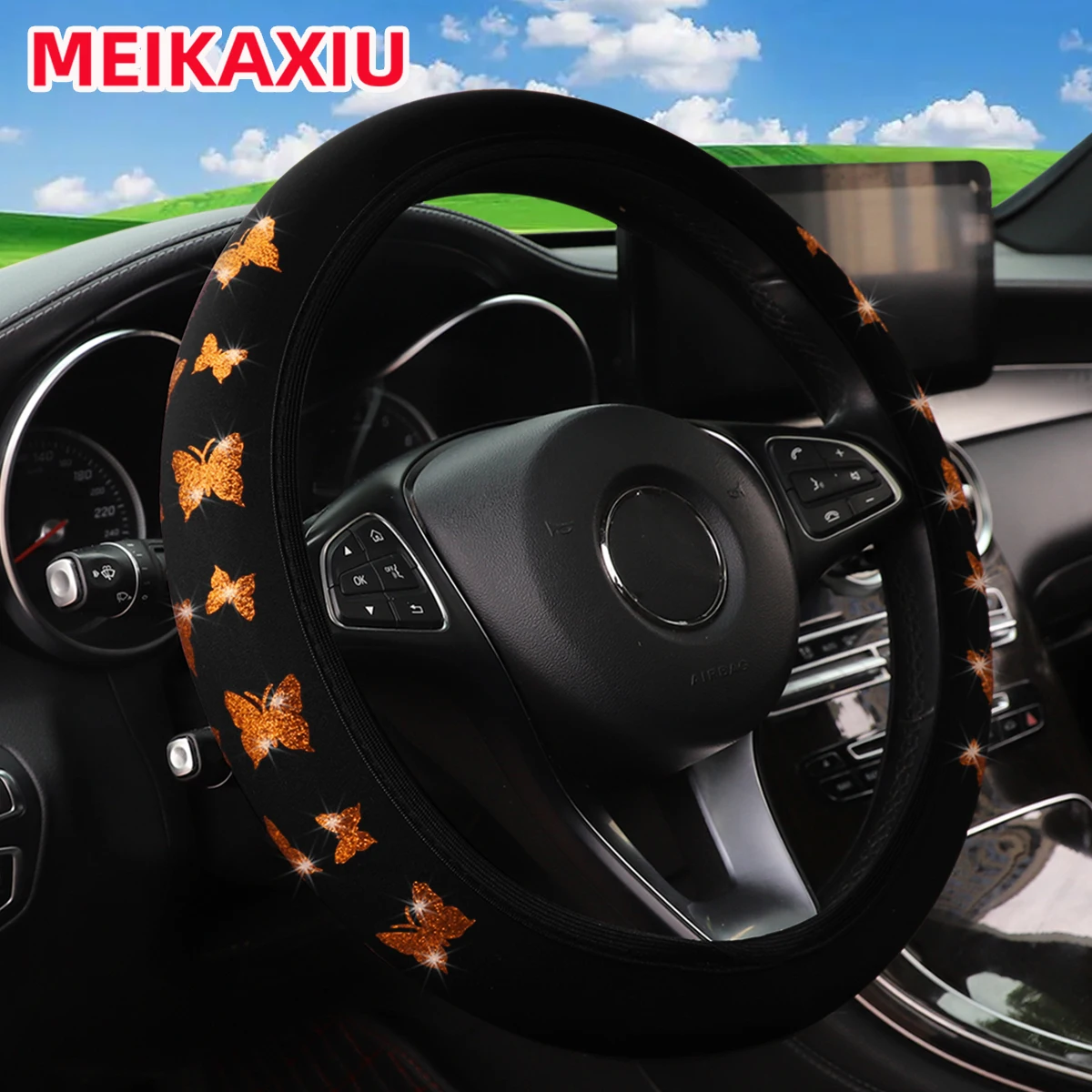 Rimless Blingbling Flash Butterfly Steering Wheel Set for 14.5-15 Inch Cars Car Decorative Outer Rim Accessory