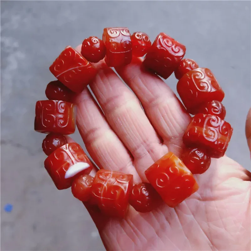 

Natural red agate bracelet handcarved flower jade bracelets bangles genuine hand-carved round beads jade jewelry