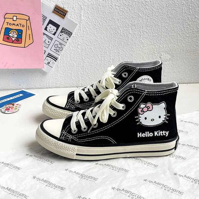 High Top Canvas Shoes Hello Kitty Kawaii Student Cartoon Graffiti Flat Follow Sneakers College Versatile Fashion Clothes Gifts