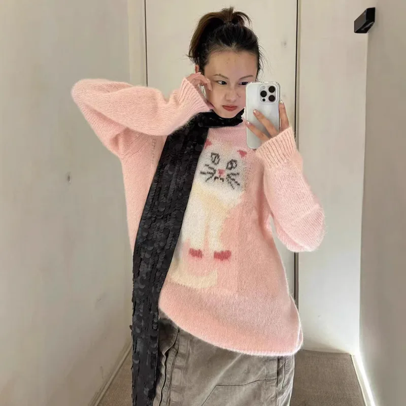 [oein]Sweet Nd Cute Ct Pttern Pullover Sweter For The Winter Of 2024, With Lzy Nd Relxed Style. It Is Loose And