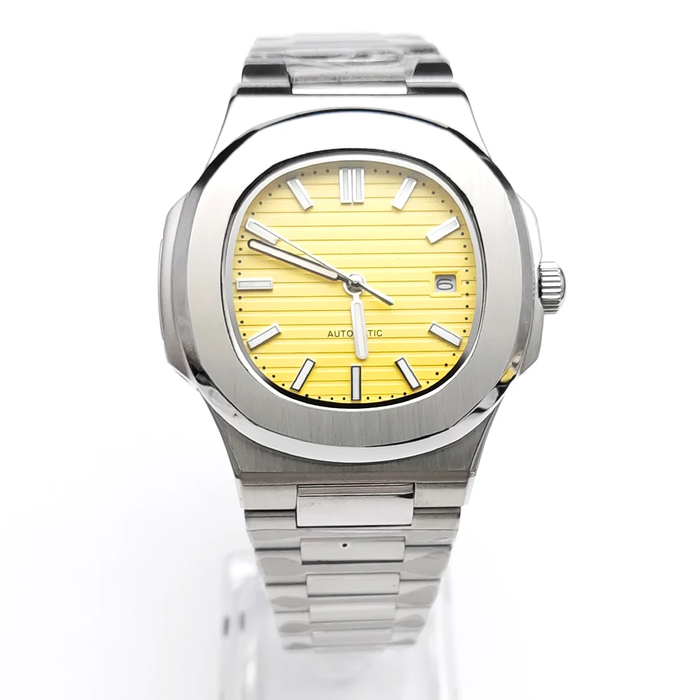 40mm Yellow Square Mechanical Automatic Men\'s Watch Japan Movement NH35/8215 Date Sapphire Glass Stainless Steel Strap