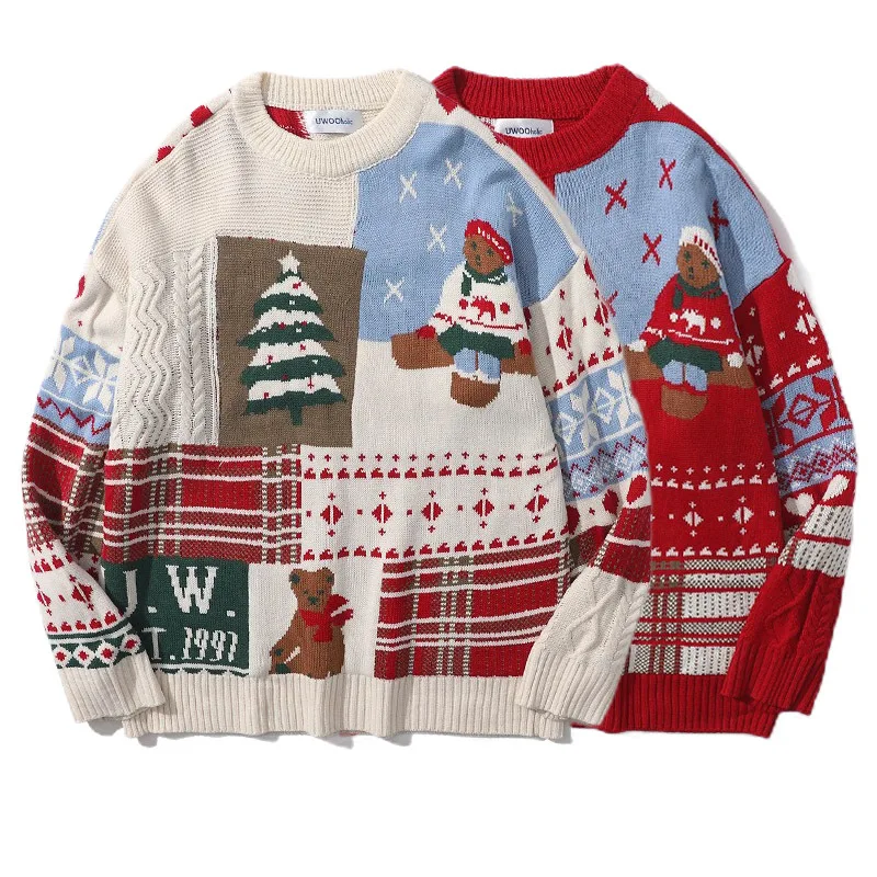 

Европейский размер, большие размеры, лоскутный вязаный свитер, мужской рождественский пуловер с медведем, осень-зима