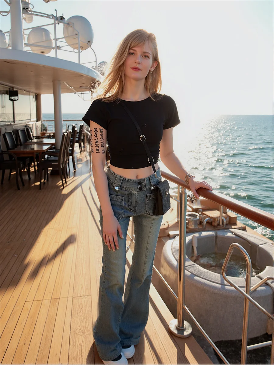 

Расклешенные узкие джинсы в пол, женские джинсы с кисточками, украшенные карманами на молнии и пуговицах, пояс из эластичного хлопка, мягкий, удобный, универсальный