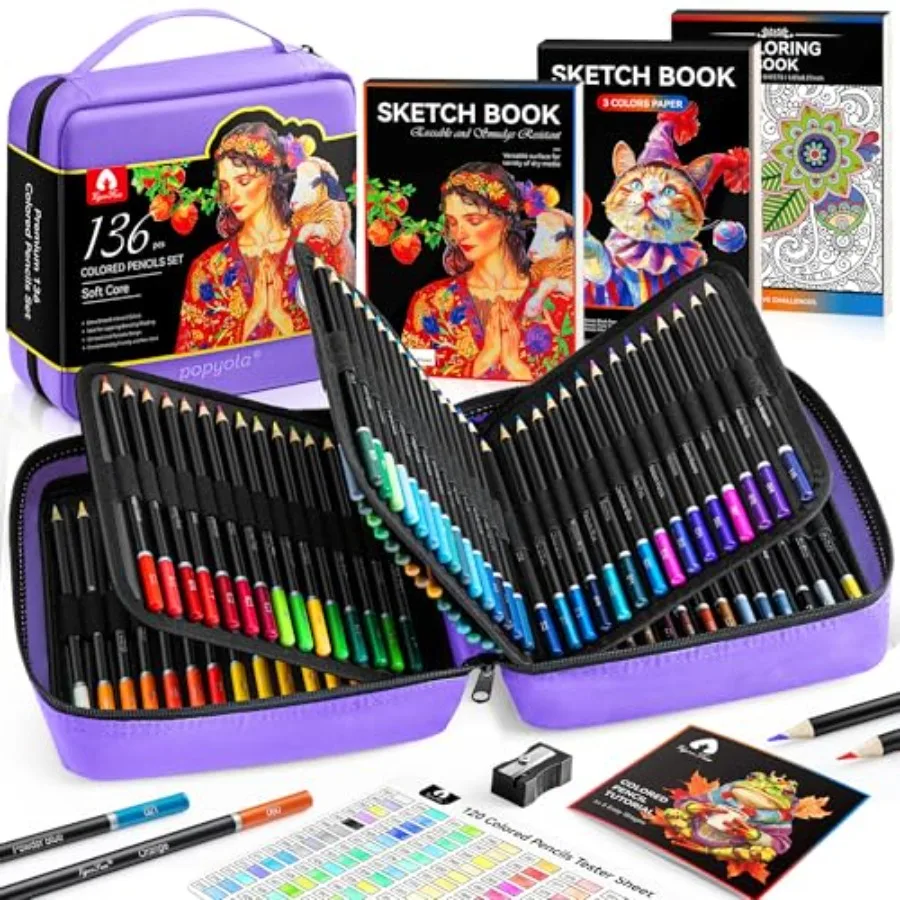 

136 PCS Colored Pencils Set for Adult Coloring Books 120 Colored Pencils with Sketchbook Coloring Book Sharpener Soft Core Sket