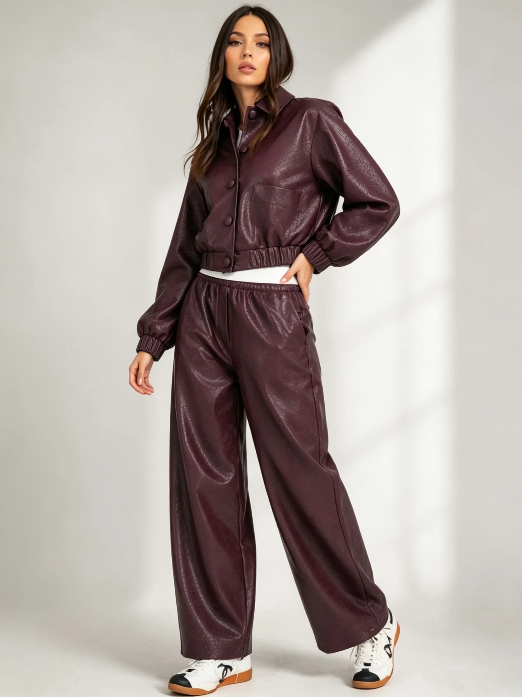 LIMO 2026 New Women Textured Faux Leather Set Button Crop Jacket Elastic Drawstring Trousers Matching Outfit