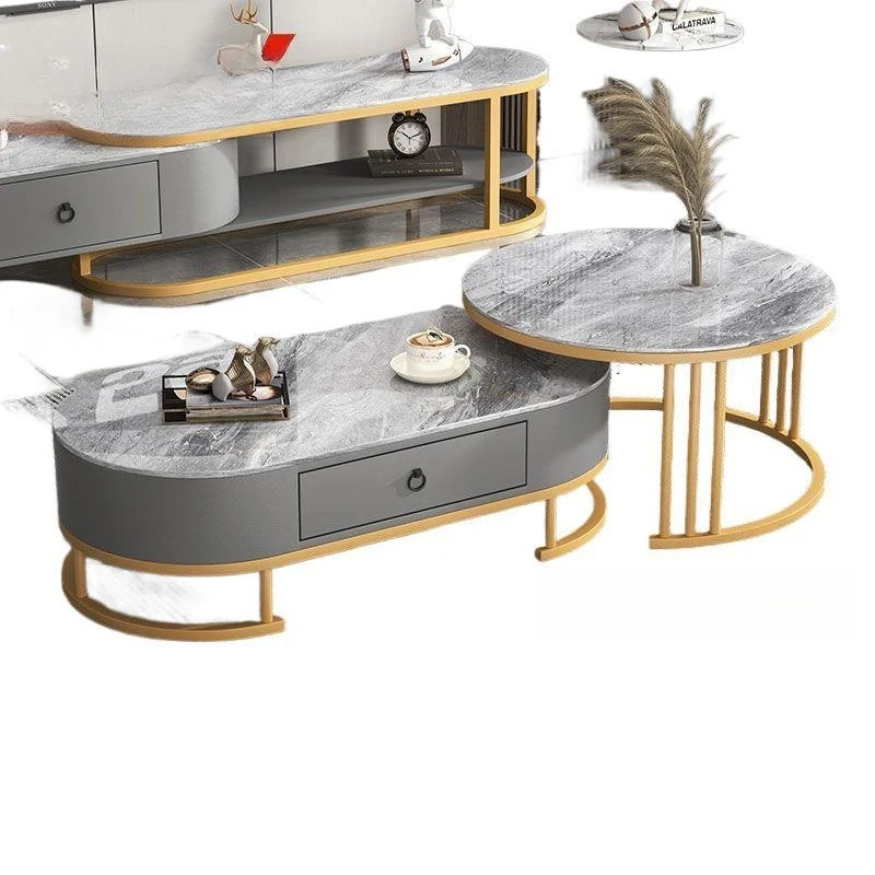 

Light luxury coffee table TV cabinet combination bright rock slab small apartment retractable simple coffee table with drawers h