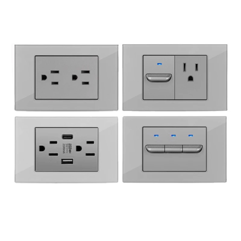 Grey Power Reset Switch Glass Panel Socket American Modular Mounting Dual USB Type C Charger Adapter 1/2/3gang2way LED Backlight