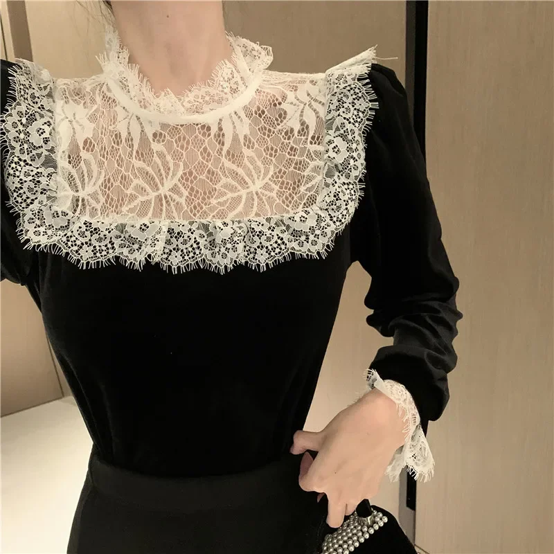 Ezgaga Elegant Shirts Women French Style Chic Lace Patchwork Velvet Stand Collar Long Sleeve Vintage Blouse Ladies Vintage Basic