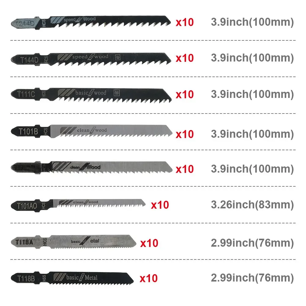 80Pcs Jigsaw Blades Set T Shank Blades Fast Down Cut Wood Metal Cutting Blades T118A/T118B/T101AO/T101B/T101BR/T144D/T244D/T111C