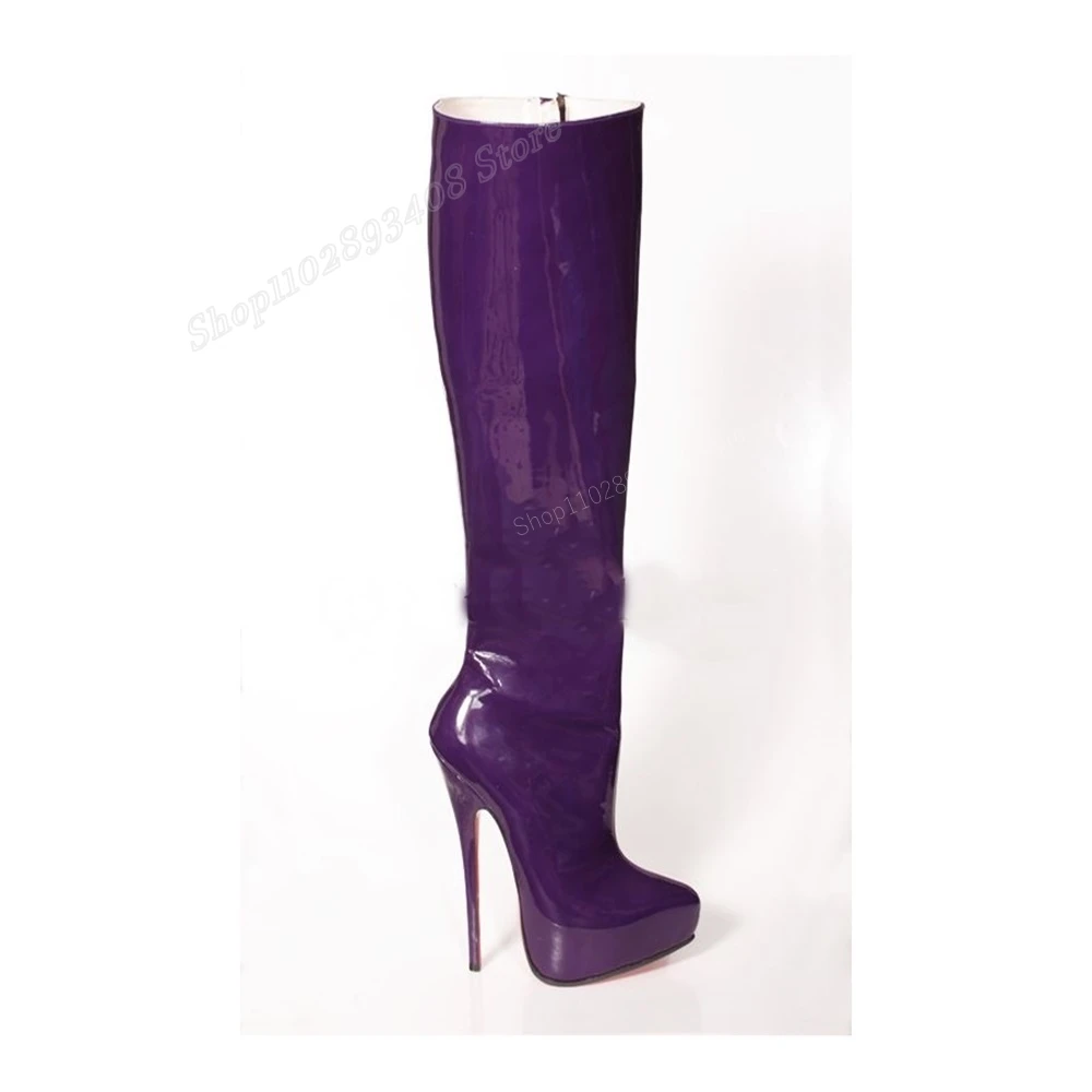 Purple Platform Patent Leather Knee High Boots Pointed Toe Stiletto High Heel Women Shoes 2025 Fashion Sexy Zapatos Para Mujere