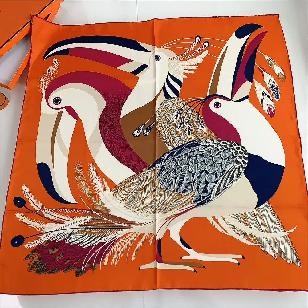 90CM Toucan Birds Brand Hijabs Scarf Women Bandana Handmade Curled Twill Silk Square Scarf Luxury Foulard Head Scarves Shawls