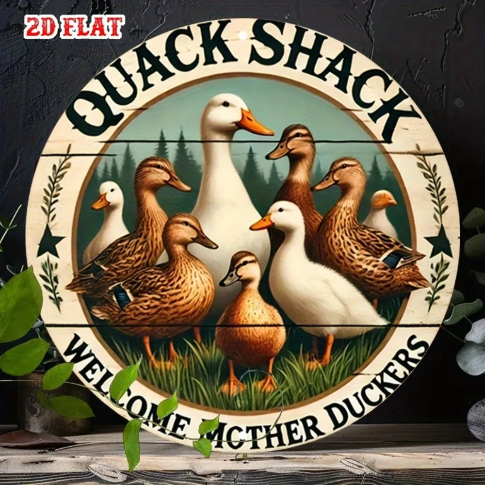 1pc 2D Flat Rustic Aluminum Wall Art, Quack Shack Welcome Metal Sign Printed Cheerful Duck Illustration, Decor For Home Cafe