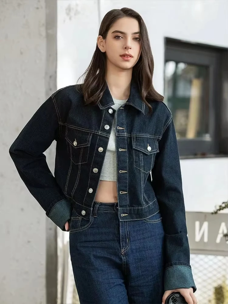 HH Women Vintage Denim Jacket Single Breasted Lapel Long Sleeve Coat With Pockets Dark Blue Denim Jacket Fashion High Street Top