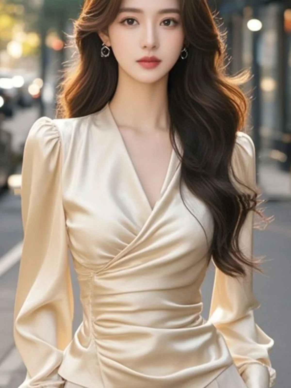 

Элегантная женская блузка из атласа с V-образным вырезом и длинными рукавами, прямого кроя, в корейском стиле, для офиса и повседневной носки, весна