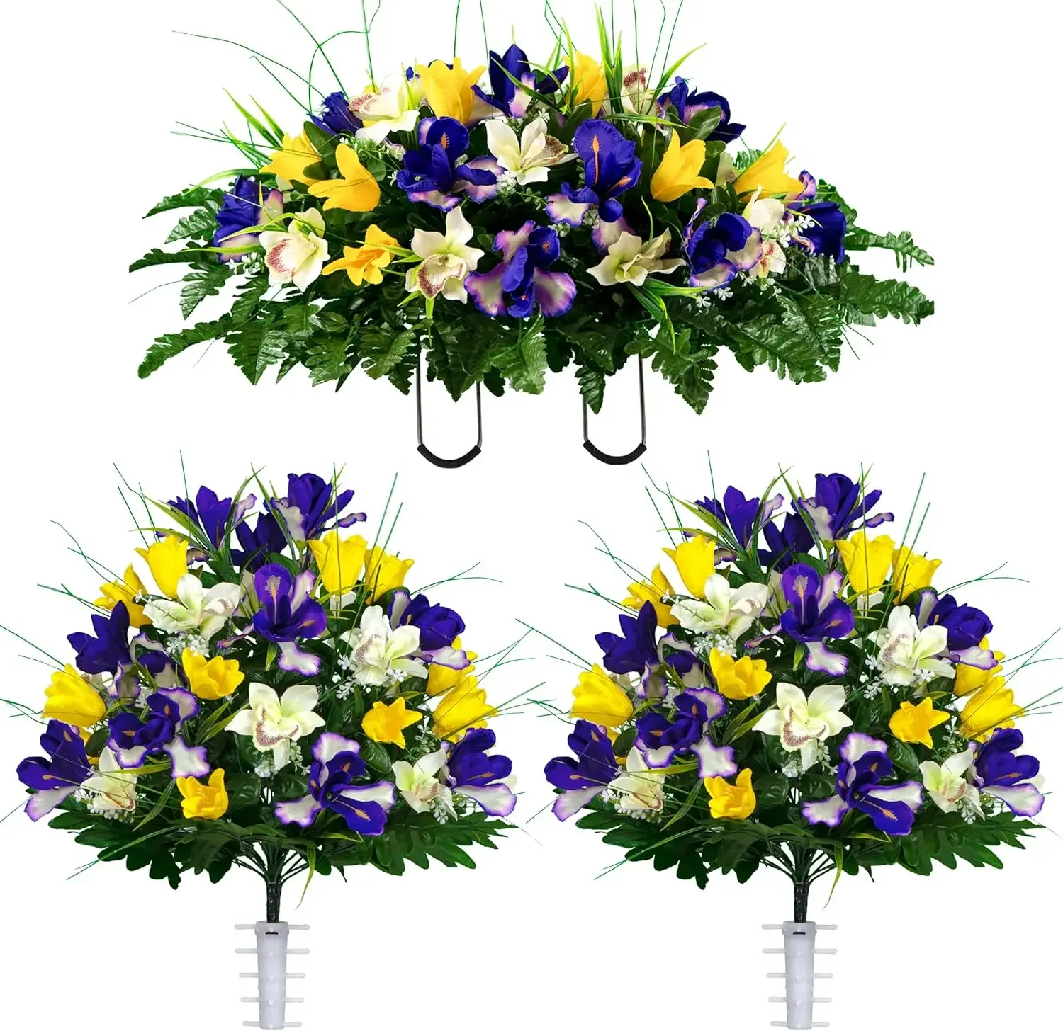 Sympathy Silks Artificial Cemetery Flowers Realistic Vibrant Tulips Outdoor Grave Decoration 2 Yellow Tulip Purple Iris Bouquets