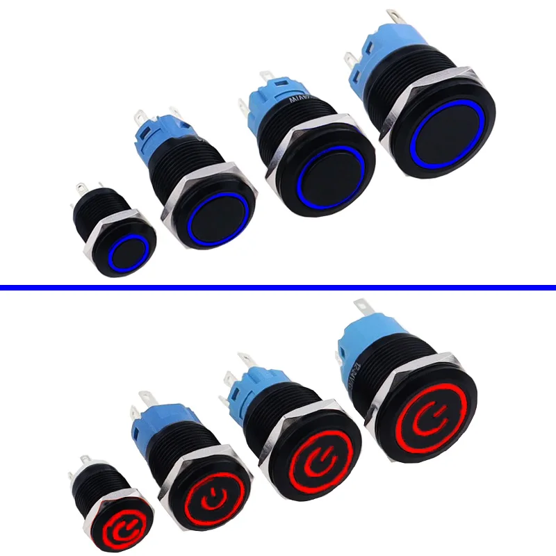 Black Push Button Switch 12/16/19/22mm Waterproof illuminated Led Light Metal Flat Momentary Switches with power mark 5V 12V 24V