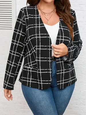 Plus size feminino preto branco xadrez frente aberta blazer manga longa casual solto escritório outerwear