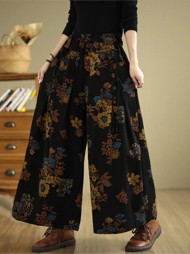 Jeans Retro Autumn Flower Floral Print Fashion Elastic High Waist Ladies Trousers Oversized Long Pant Women Loose Woman Pants