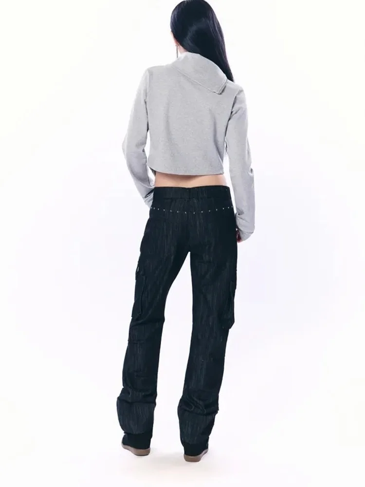 Women Y2K Cropped Jacket Long Sleeve Asymmetric Zipper High Collar Slim Fit Punk Streetwear Casual Motorcycle Coat