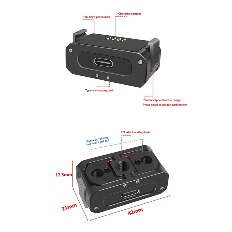 Magnetische basisadapter met Type-C opladen voor DJI Action2 camerahouder, 1/4 ARRI-interface-BCBW