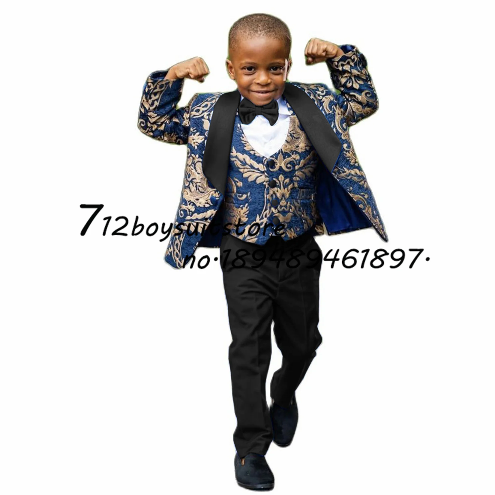 Pak Voor Jongens Bruiloft Bloemen Jas Broek Vest Driedelige Set Goud Patroon Mode Blazer Kids Compleet Kleding ملابس اولاد