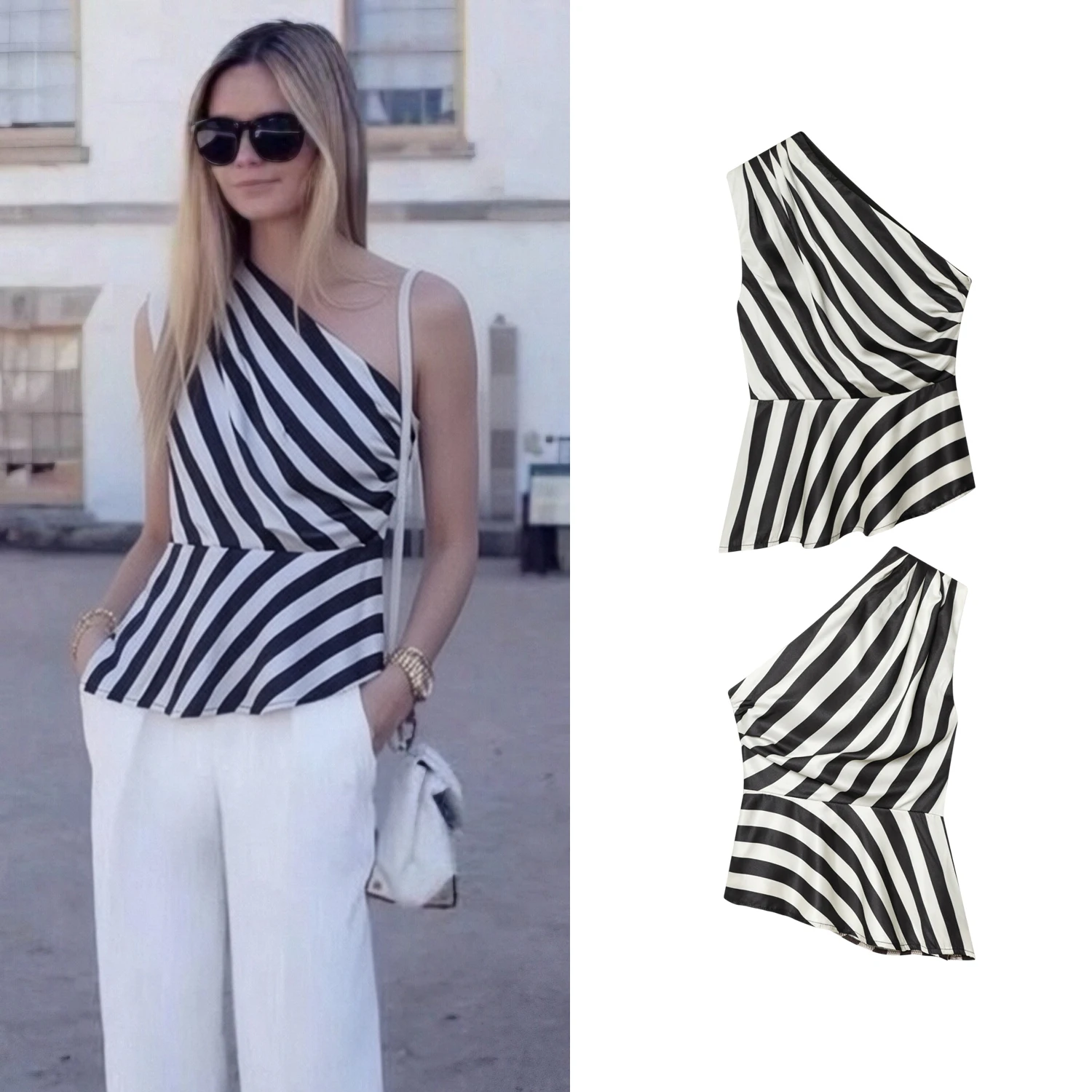 Asymmetrische gestreifte Off-Shoulder-Tops für Damen, Sommer-T-Shirt für Damen, schick, schmal geschnitten, Street-Damen-Abendparty, ärmellose Tops