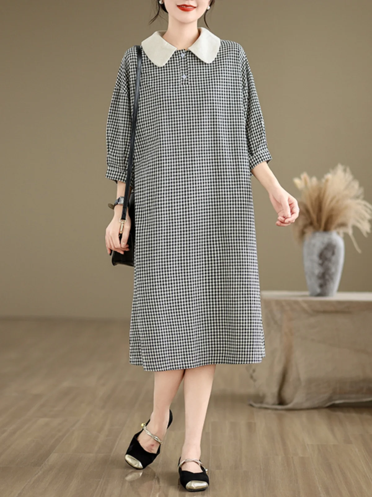 Verão casual xadrez algodão lin dr gola do bebê solto midi saia de emagrecimento cintura alta oulder casual irt sle saia linha a