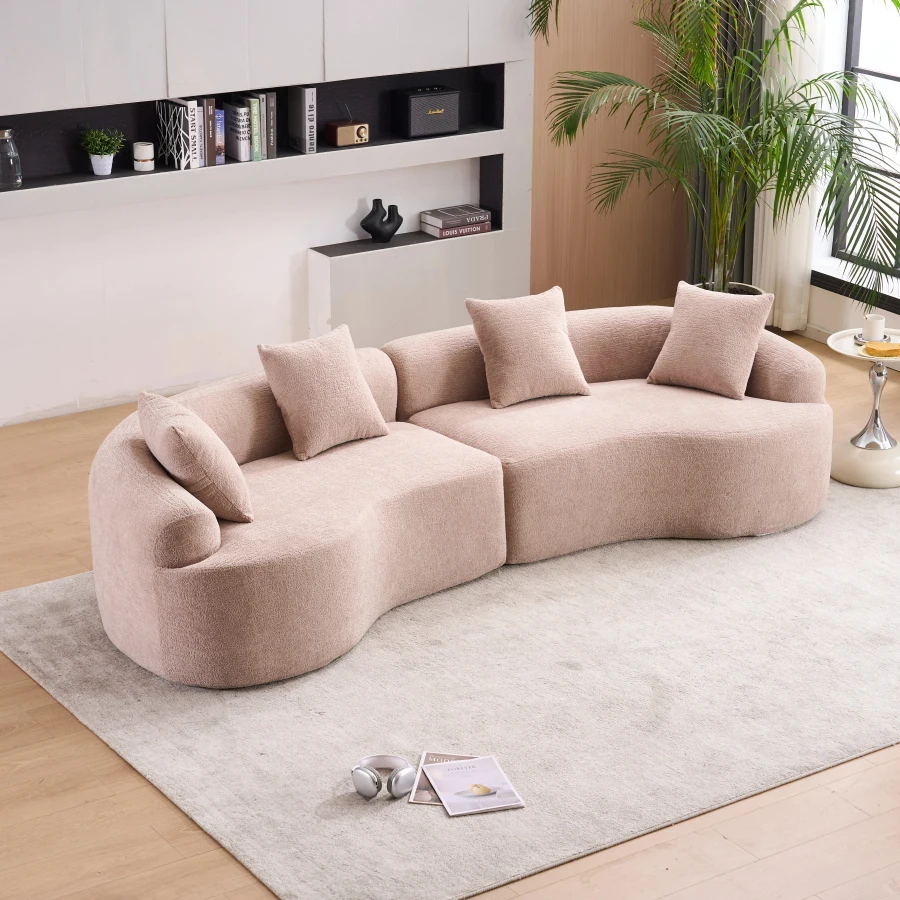 LY-025 Modular Sleeper Sectional Sofa, 4-Seater with Wood Grain Chenille Fabric, Warm Beige Convertible Sofa Bed, 30D High-Dens
