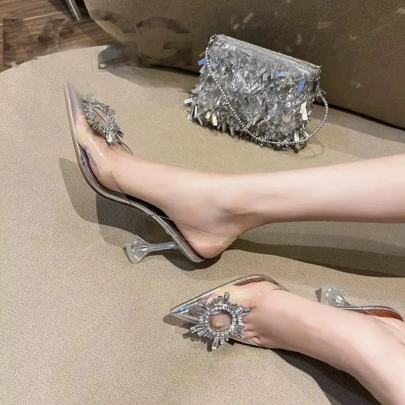 Crystal Decor Vacation Season Women's High Heels 2025 New Arrival Transparent Band Work Pumps, Wedding Party Style