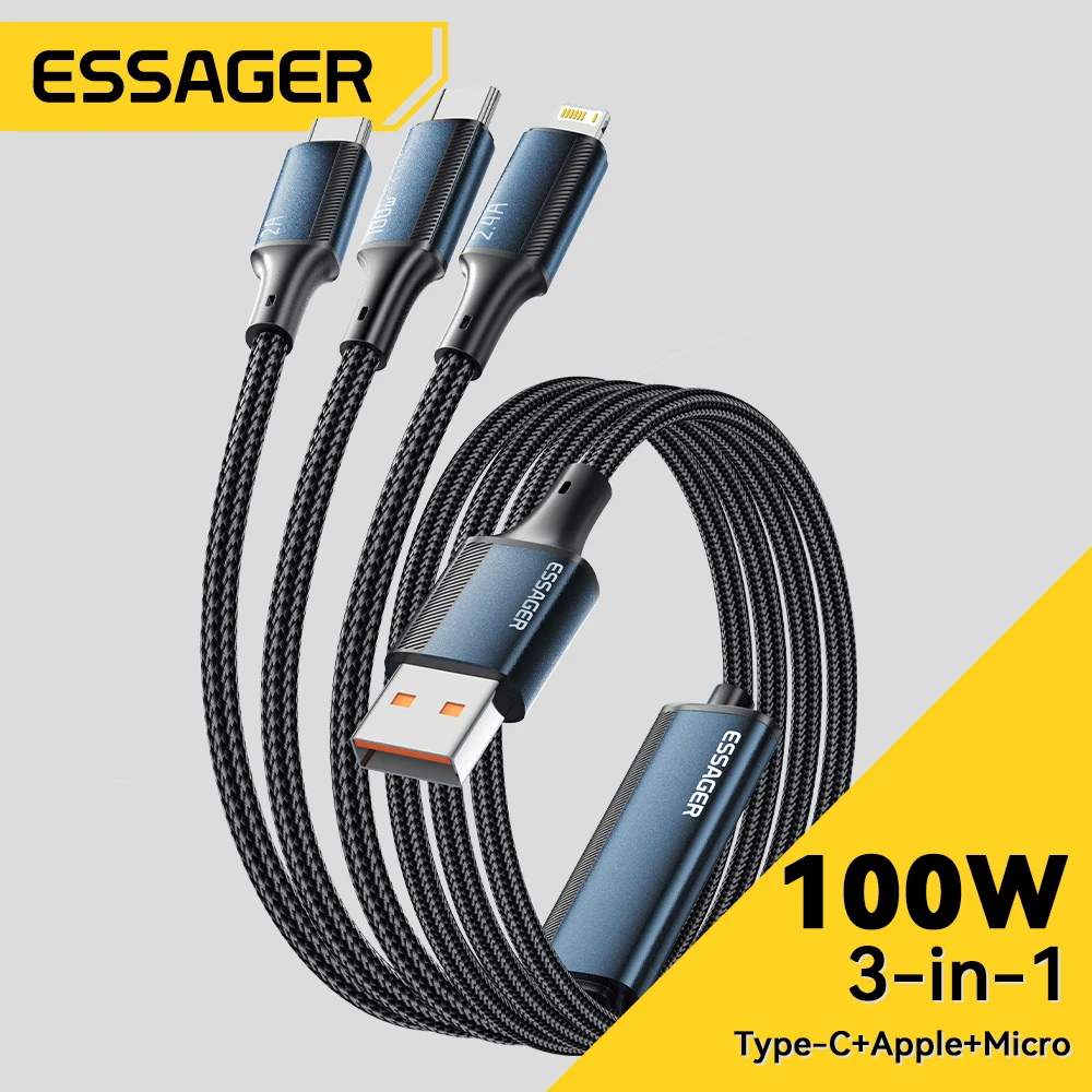 Essager 100W 7A USB Type C Fast Charger Cable 3 in 1 Fast Charging Cable for iPhone 18 17 16 15 14 ProMax Samsung Xiaomi Macbook