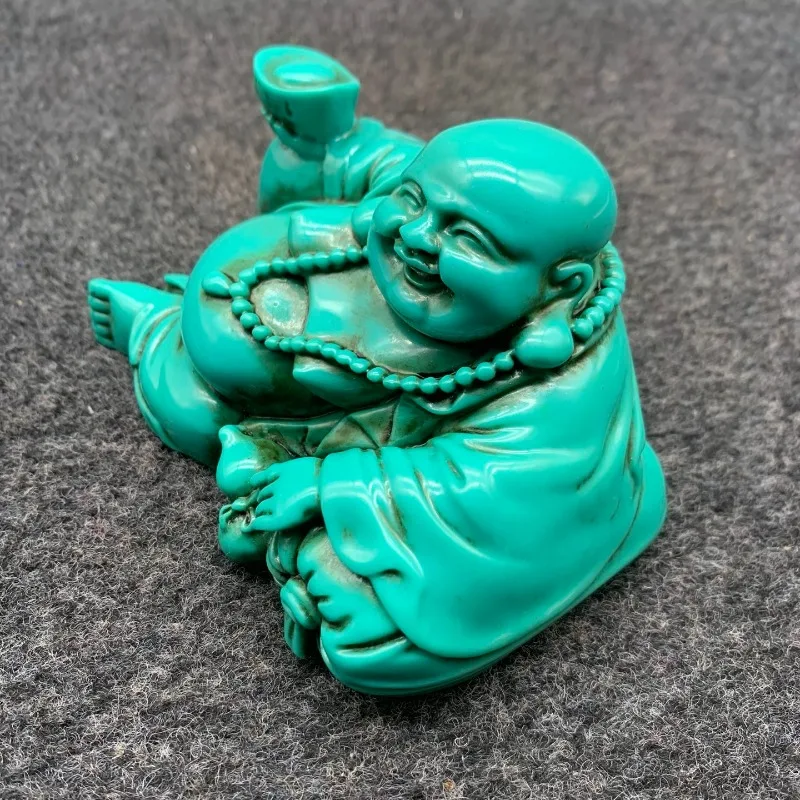 Laughing Maitreya Buddha Statue Imitation Turquoise Finish Reclining Figurine Feng Shui Wealth Home Desktop Decor Ornament