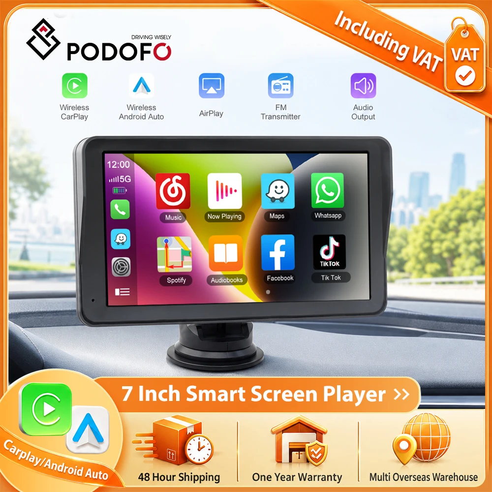 Podofo Autoradio 7 pouces, lecteur vidéo multimédia, Carplay sans fil et Android Auto sans fil, lecteur intelligent portable, prend en charge FM avec USB AUX, lecteur vidéo multimédia avec BT, musique et appels