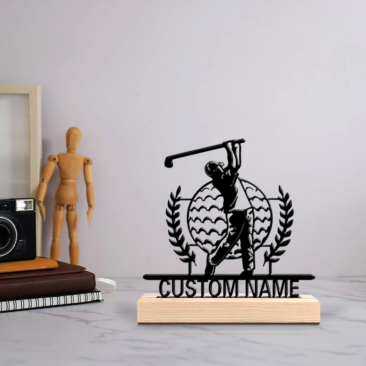 Pelota de golf personalizada con estilo, estatuas de Metal, arte metálico con Base de madera, perfecta para dormitorio, regalo conmemorativo, Birt, 1 ud.