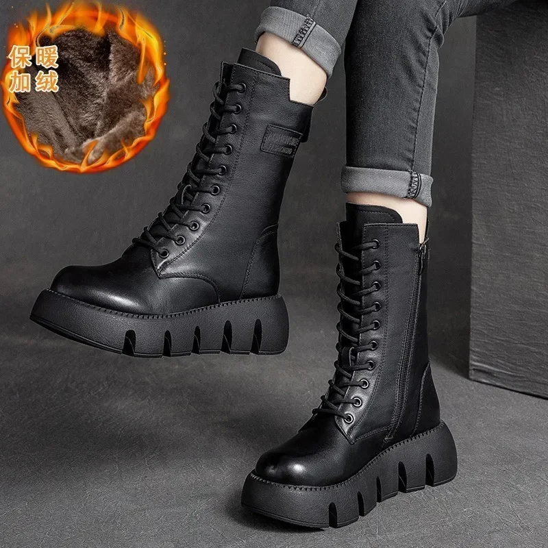 Koznoy Ankle Boots 5cm Women Cow Genuine Leather Moccasins Autumn Winter Plush Spring British Wedge Ethnic ZIP Platform Shoes