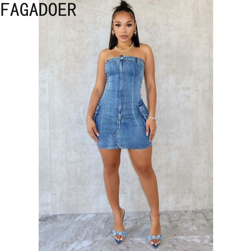 FAGADOER Sexy Off Shoulder Backless Denim Tube Dresses Women Sleeveless Pocket Bodycon Mini Dress Fashion Elasticity Vestidos