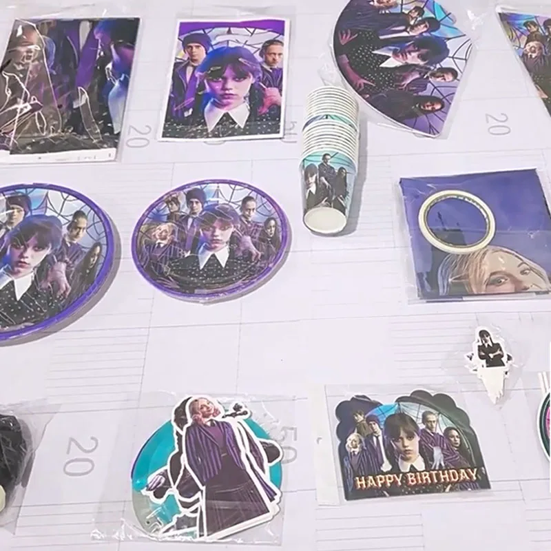 

Wednesday Theme Party Supplies Disposable Tableware American Drama Addams Birthday Cake Decor Banner Tablecloth Balloons Gifts