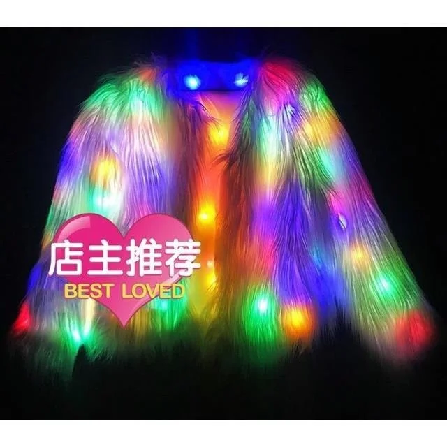 EDM Electric Syllable Party LED Glow Plush Fur Colorful Coat Bar Night Club Performance Flash Top Female