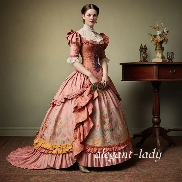 

Customised Pink Vintage Victorian Ball Gown Lace Corset with Puffed Sleeves Floral Print Evening Dress Special Occasion Dress