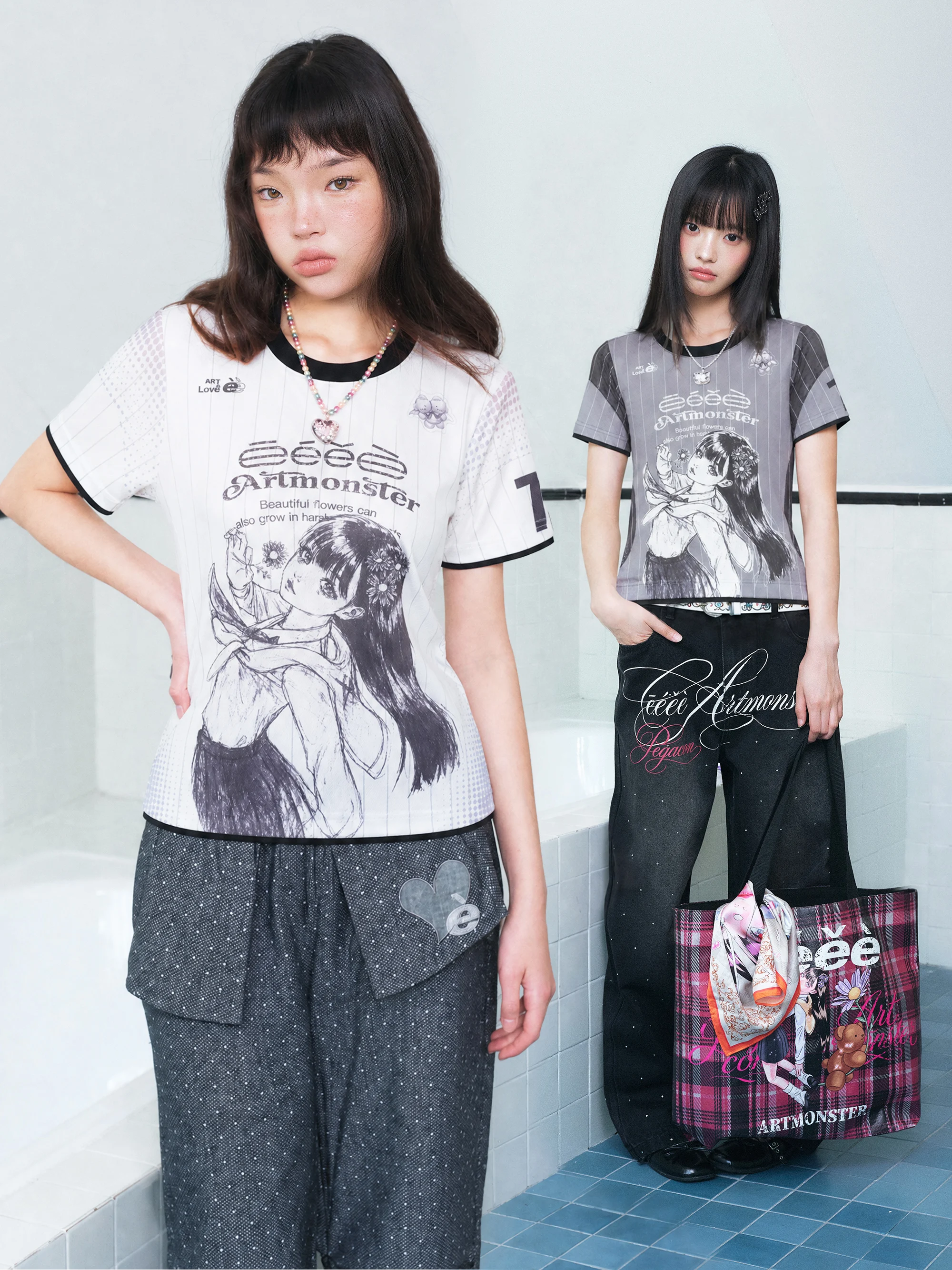 Dynamic Sketch Eeee X Pegasus Sporty Girl Short Sleeve T-Shirt Summer Fashion Casual Cartoon Print Polyester round Neck Top