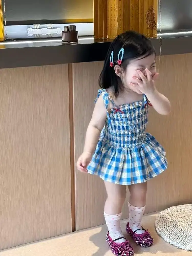 

Girls' Royal Blue Checkered Floral Camisole Dress New Style For Spring And Summer Girls' Dress