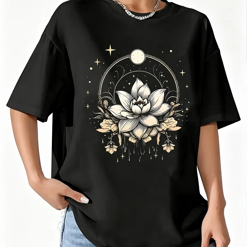 Lotus Flower and Print Women's 100% Cotton T-Shirt Short Sleeve Top Casual Round Neck Fun Print Tee S-5Xl