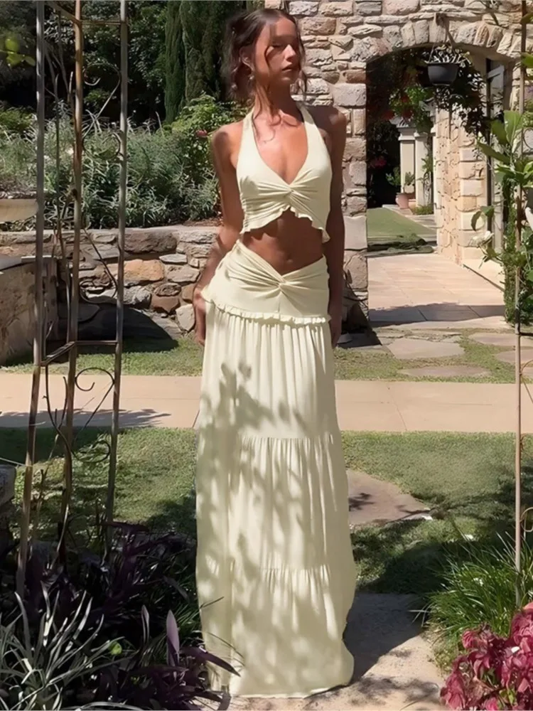 Sexy Deep V-neck Short Top+half Skirt Two-piece Set Women's Summer Fashion Solid Color Hanging Neck Suit Lace Design Lady Outfit