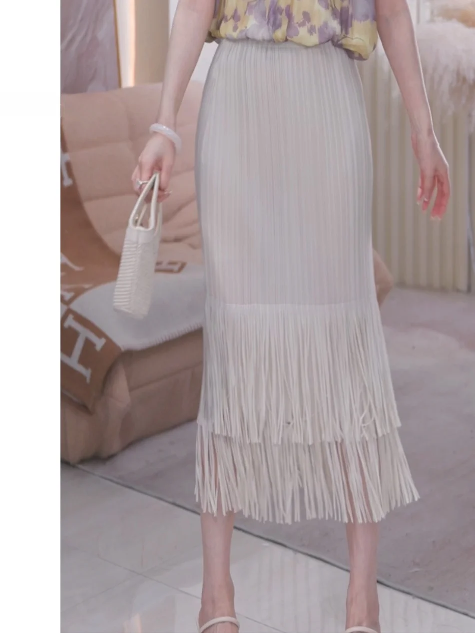 

Ele White High Waist Tassel Skirt Faion Slimming Hip Covering Midi Skirt for Women Commute Ci Walk Casual Date