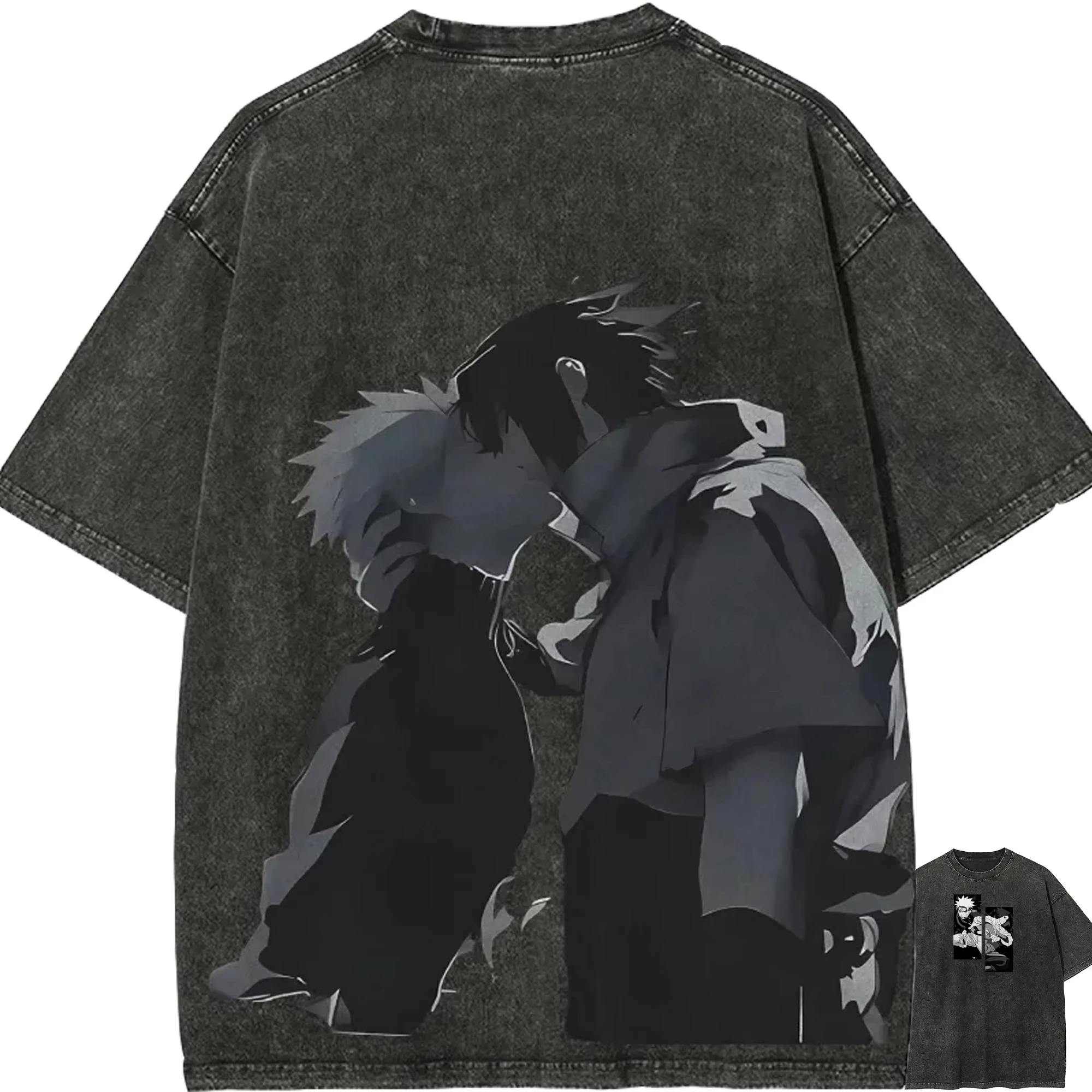 

Naruto Sasuke T Shirt Bond Silhouette Vintage Acid Wash Streetwear Retro Anime Graphic Cotton Men Tees Clothing