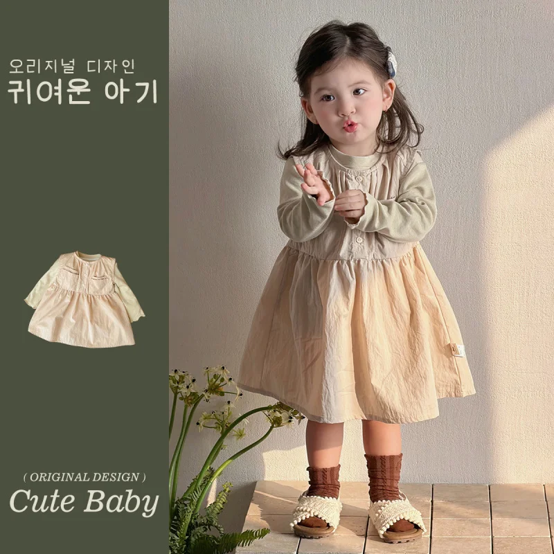 

Youhe Spring Girls' Dress Set Children's Forest Style Outfit Baby Spring Base Shirt Two-Piece Vest Dress