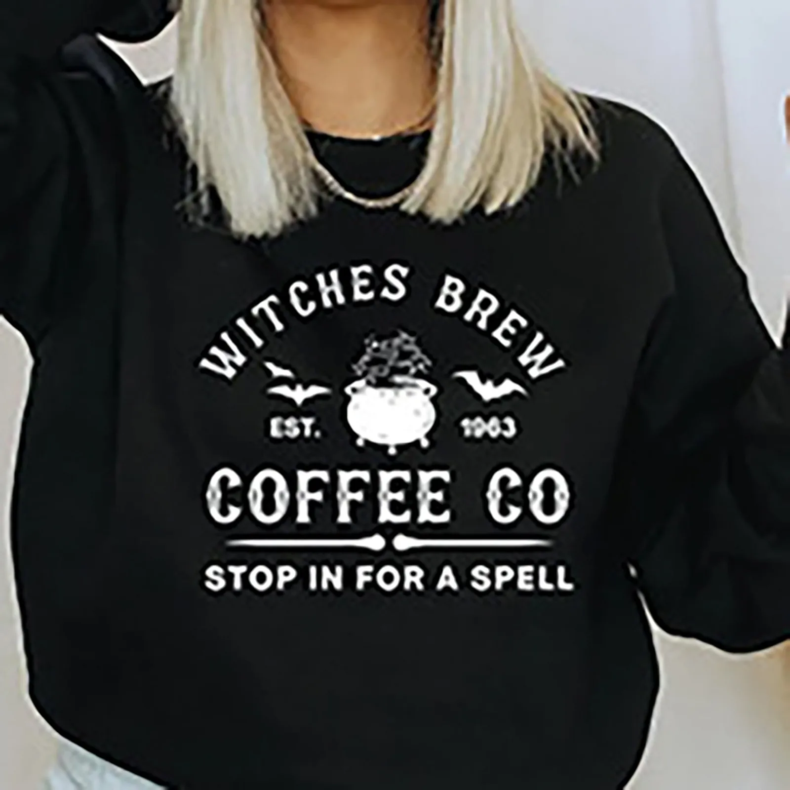 Witches Brew Coffee Letter Printing Simple Solid Color Letter Printing Womens Sweatshirts Long Sleeves Warm Pullover Clothes