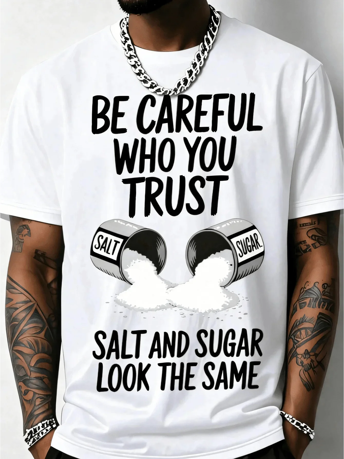 Men's Funny Gym T-Shirt With Salt & Sugar Trust Graphic Print - 200g Heavyweight Cotton Relaxed Fit Breathable Short Sleeve Crew