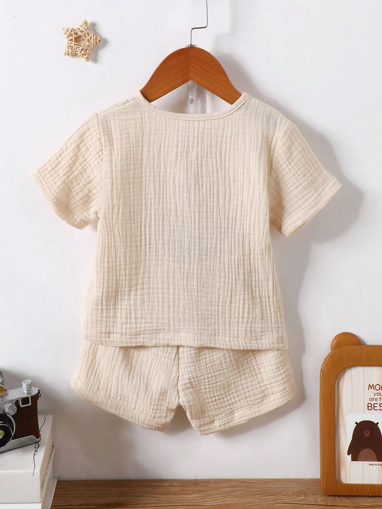 Summer Baby Boy Wrinkled Quarter Button Top & Shorts  Sets