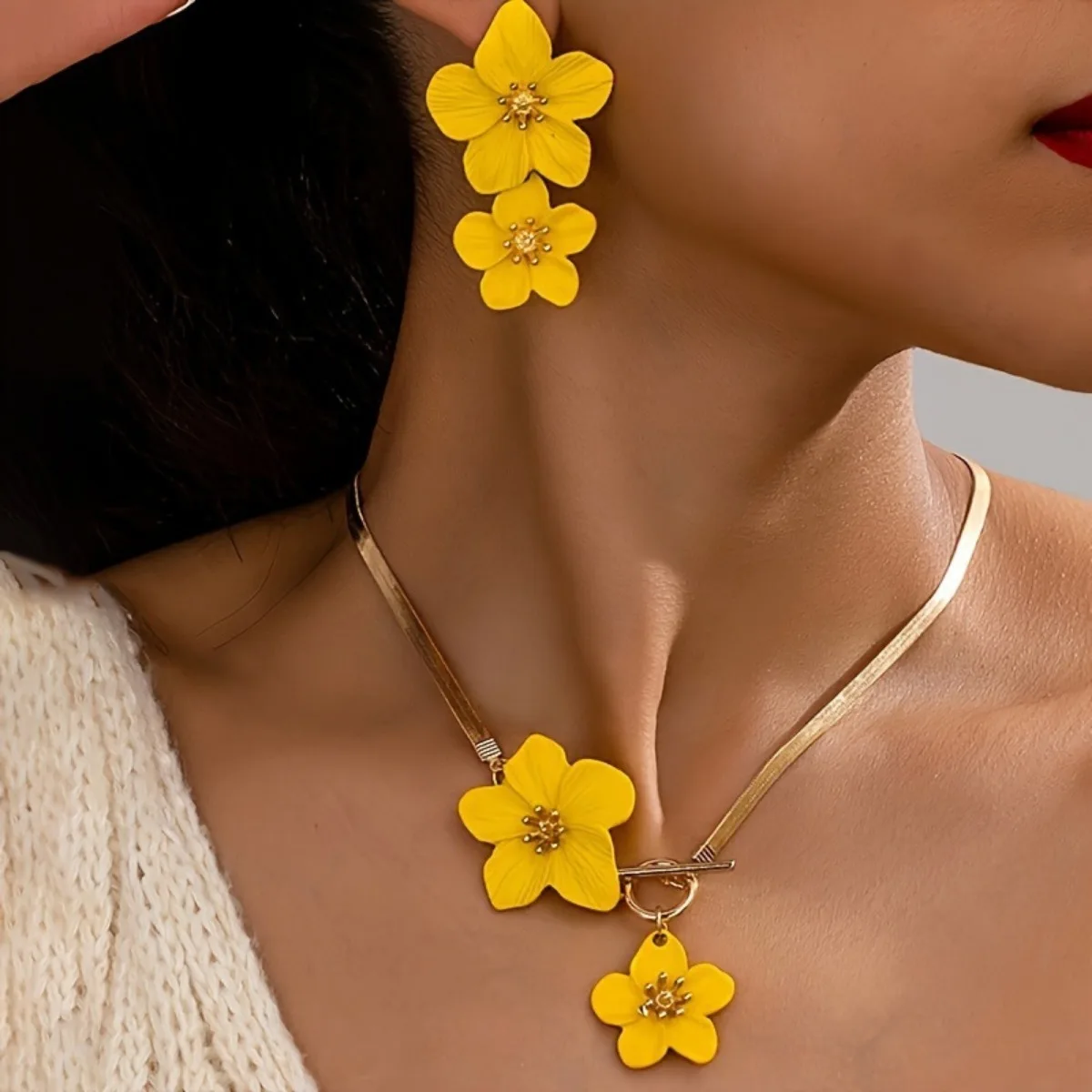 Gold Brushed Disc Choker Necklace Matching Drop Earring Set Vintage Bohemian Statement Women Party Fashion
